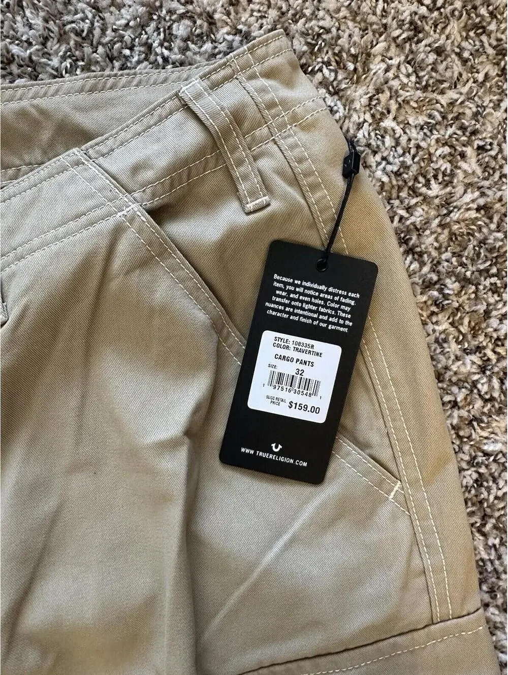 True Religion Men's Travertine Khaki Baggy Cargo Pants Size 32x32 NWT $159